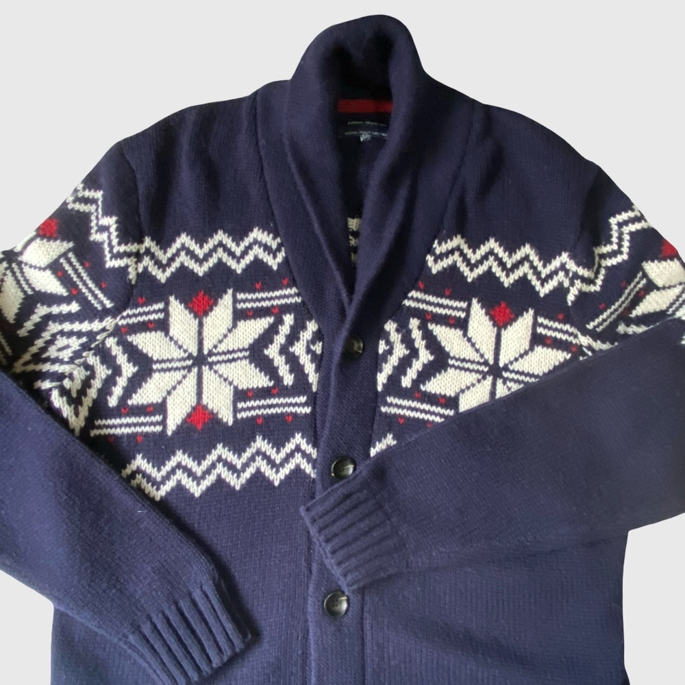 Daniel Hechter  Blue Snowflake Wool Blend Holiday Shawl Collar Cardigan- Sz-L